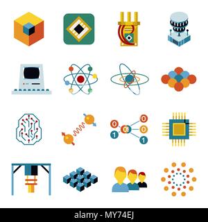 Digital vector quantum computing and qubits icon set pack illustration, simple line flat style Stock Vector