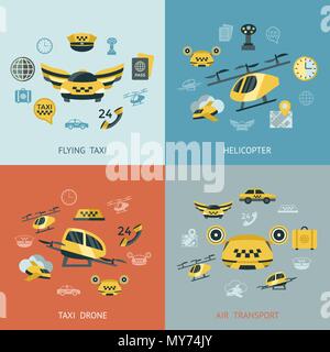 Digital vector flying taxi drone icon set pack illustration, simple line flat style infographics Stock Vector