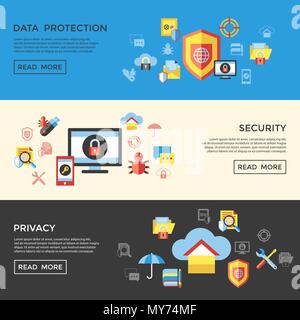 Digital vector data securuty and privacy protection icon set pack illustration, simple line flat style infographics Stock Vector