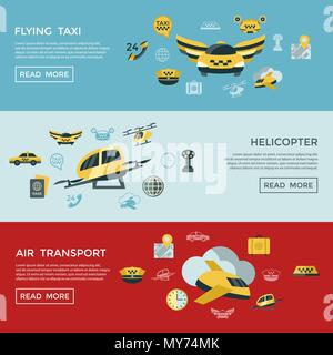 Digital vector flying taxi drone icon set pack illustration, simple line flat style infographics Stock Vector