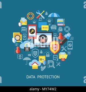 Digital vector data securuty and privacy protection icon set pack illustration, simple line flat style infographics Stock Vector