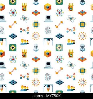 Digital vector quantum computing and qubits icon set pack illustration, simple line flat style seamless pattern Stock Vector