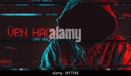 Virtual private network VPN hack concept with faceless hooded male person, low key red and blue lit image and digital glitch effect Stock Photo
