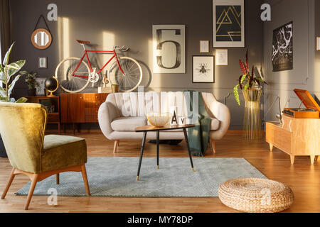 Light color sofa, green carpet, vintage armchair, sideboards, gramophone and red bicycle against dark wall with posters in a living room interior Stock Photo
