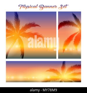 Summer tropical banner set. Coasline sunset backgrounds with palm trees for your text or messages. Vector illustration. Stock Vector