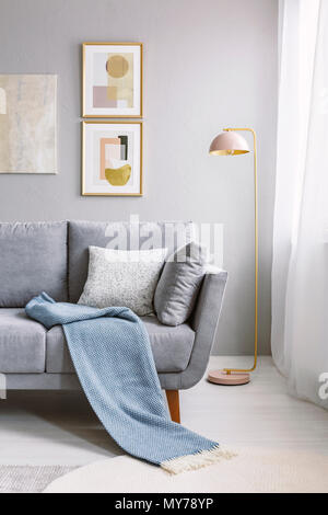 Real photo of a grey couch with pillows and blanket standing next to a gold lamp and a wall with paintings in living room interior Stock Photo