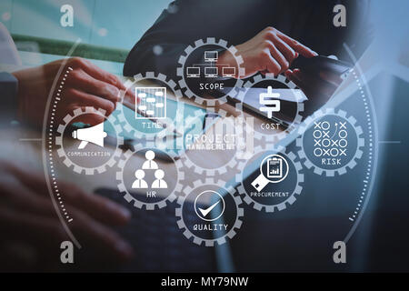 Project management diagram of cost, time, scope, human resources, risks, quality and communication with icons.Business team meeting present. Photo pro Stock Photo