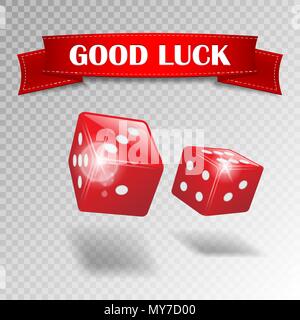 Good luck banner with realistic casino dice on transparent background. Realistic dice and good luck text ribbon. Web casino and gambling game poster.  Stock Vector