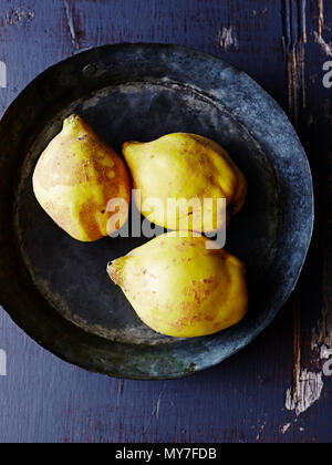 Still life of three quinces in metal pan, overhead view Stock Photo