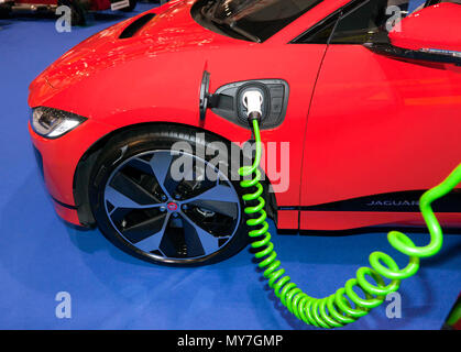 Close-up of a Jaguar  I-Pace  EV400  AWD Auto, charging up, at the 2018 London Motor Show Stock Photo