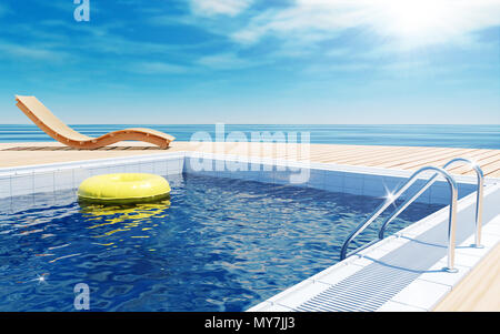 Blue swimming pool with yellow life ring floating on water surface, beach lounger on wooden flooring, sun deck on sea view for summer vacation Stock Photo