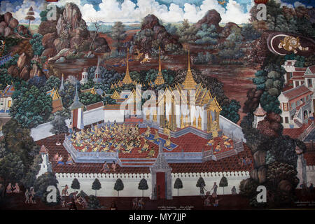 Ramakian Mural, Phra Rabiang, Gallery, Temple Wat Phra Kaeo, Wat Phra Kaew, Royal Palace, Grand Palace, Bangkok Stock Photo