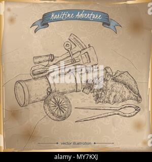 Navigational instruments sketch. Maritime adveture series. Stock Vector