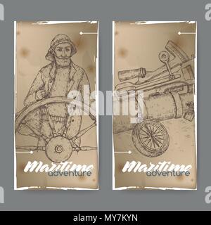 Two vintage labels with old captain and navigational instruments sketch. Maritime adveture series. Stock Vector