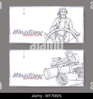 Two landscape banners with old captain and navigational instruments sketch. Maritime adveture series. Stock Vector