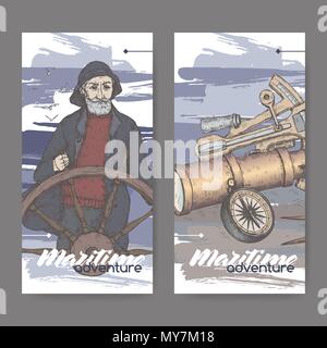 Two color labels with old captain and navigational instruments sketch. Maritime adveture series. Stock Vector