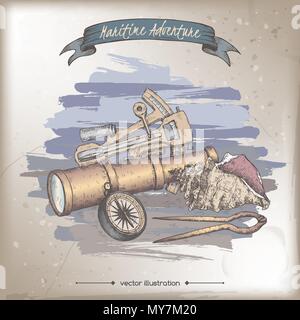 Navigational instruments coor sketch. Maritime adveture series. Stock Vector