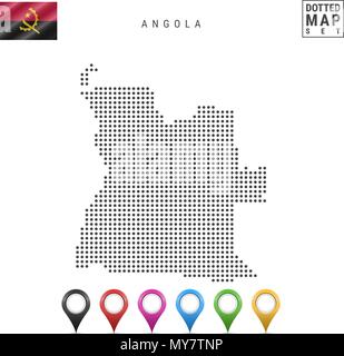 Vector Dotted Map of Angola. Simple Silhouette of Angola. The National Flag of Angola. Set of Multicolored Map Markers Stock Vector