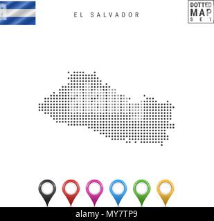 Vector Dotted Map of El Salvador. Simple Silhouette of El Salvador. Flag of El Salvador. Set of Multicolored Map Markers Stock Vector