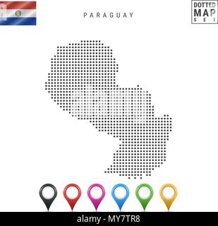 Vector Dotted Map of Paraguay. Simple Silhouette of Paraguay. National Flag of Paraguay. Set of Multicolored Map Markers Stock Vector