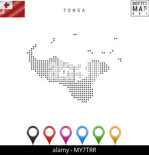 Vector Dotted Map of Tonga. Simple Silhouette of Tonga. The National Flag of Tonga. Set of Multicolored Map Markers Stock Vector