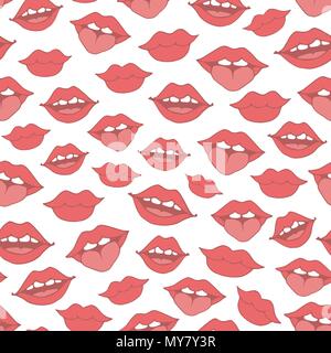 Vector seamless pattern with red woman lips on the white background. Hand drawn doodles in sketch style. Stock Vector