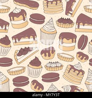 Vector chocolate pastry repeat pattern with cakes, pies, muffins, pancakes, macarons and eclairs on the dotted background. Hand drawn sweet bakery pro Stock Vector