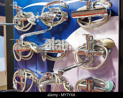 Mixers taps for shower in a hardware store Stock Photo
