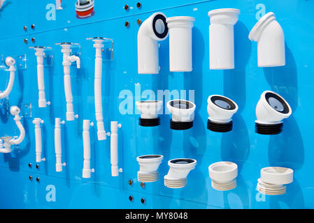 Plastic corrugated sewer pipes for toilet Stock Photo