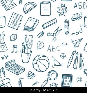 Seamless lined back to school pattern with supplies stationary and other creative elements. Fun cute vector line background. Stock Vector