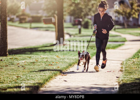 Young girl, walking dog along pathway Stock Photo