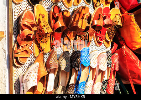 Leather shoes in tunisian market, Sidi Bou Said, Tunisia. Stock Photo