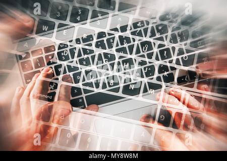 Chaos During Coding and Programming Concept Abstract Photo. Hands on the Computer Keyboard. Stock Photo