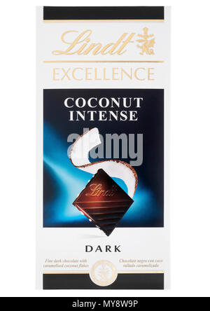 Lindt Excellene coconut intense dark chocolate bar on white background Stock Photo