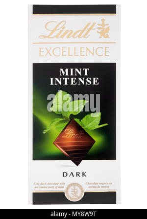 Lindt Excellene mint intense dark chocolate bar on white background Stock Photo