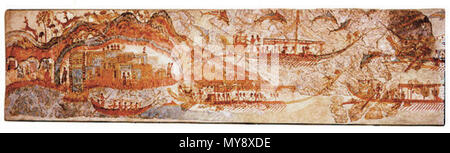 . detail of a bronze age fresco. English: Minoan fresco of the town of Akrotiri, Santorini, Greece .  1600 B.C.. uploaded by H-stt; retouched by Rainer Zenz 27 Akrotiri Minoan fresco-2 Stock Photo