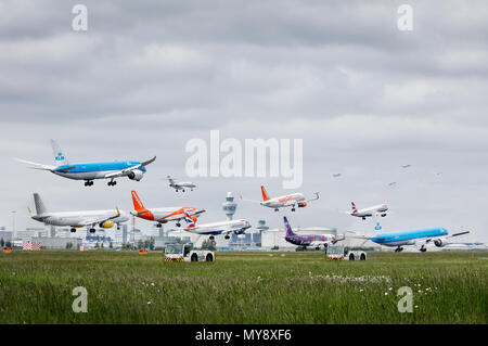 Stacked photo of multiple planes arriving, landing at Amsterdam Schiphol Airport. Stock Photo