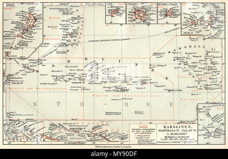 . English: Caroline, Marshall, Mariana and Palau Islands (1905) Deutsch: Karolinen-, Marshall-, Marianen- und Palau-Inseln (1905) Slovenčina: Karolíny, Marshallove ostrovy, Mariány a Palauské ostorvy (1905) . 1905. Meyer, Hermann Julius (1826–1909); Bibliographisches Institut Leipzig 3 114 karolinen-marshall-marianen-und-palau-inseln (1905) Stock Photo