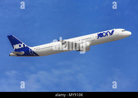 Barcelona, Spain - May 26, 2018: Joon Airbus A321-200 taking off from El Prat Airport in Barcelona, Spain. Stock Photo