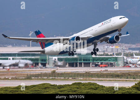 Barcelona, Spain - May 26, 2018: Delta Air Lines Airbus A330-300 taking off from El Prat Airport in Barcelona, Spain. Stock Photo