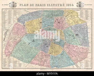 . Plan de Paris Illustre 1864.  English: An extremely attractive map of Paris, France issued in 1864 by the Garnier Freres. Covers the old walled city of Paris and the immediate vicinity. Important buildings are shown in profile. All major streets are identified. Color coded according to arrondissements. The four corners are occupied by a street index. The Coat of Arms of Paris appears in the upper right and left quadrants. . 1864 (dated) 8 1864 Garnier Map of Pairs, France w-Monuments - Geographicus - Paris-garnier-1864 Stock Photo