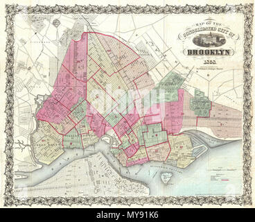 . Map of the Consolidated City of Brooklyn.  English: An extremely rare first edition of William Bishop's 1868 pocket map of the city of Brooklyn, New York. In the mid-19th century, fueled by the advent of the steam ferry, which made crossing the East River practical, Kings County experienced an massive population burst. Wealthy and poor alike were quick to abandon the dirty and claustrophobic Manhattan for then suburban lands just across the East River. In 1855 the communities of Brooklyn, Greenpoint, Bushwick and Williamsburg were consolidated by the State of New York into one large city, mo Stock Photo