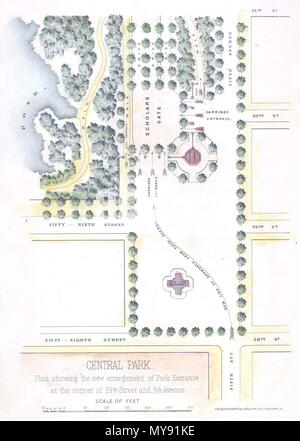 . Central Park. Plan showing the new arrangement of Park Entrance at the corner of 59th and 5th Avenue .  English: An unusual little map of the southeastern corner of New York City’s Central Park. Depicts from 61st Street south to the intersection of 58th street and 5th Avenue . Shows the planned ornamentation and redirection of traffic to accommodate the park drives. Shows the clock tower, the then proposed monument that now sits in front of the former Plaza Hotel and Bergdorf Goodman. Also depicts the locations of trees, the ponds, and various walkways. A nice little map of one of the poshes Stock Photo