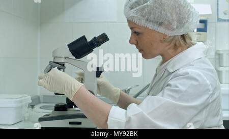 Researcher putting on gloves and using a microscope in a laboratory Stock Photo