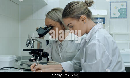 Two young female scientists writes report in modern laboratory, using microscope and making notes Stock Photo