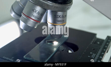 Microscope is used for conducting planned, research experiments, educational demonstrations in medical and health institutions, laboratories Stock Photo