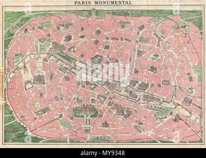 . Paris Monumental.  English: This is an extremely attractive 1926 tourist pocket map of Paris, France. Covers the old walled city of Paris and the immediate vicinity. Important buildings are shown in profile, including the Eiffel Tower, the Arc de Triomphe, Sacre-Coeur, the Pantheon, and others. Shows both the train and Metro lines throughout the city. This map was issued in various editions from, roughly 1900 to 1937. Though most examples are undated we can assign an approximate date due to the development of the Metro system and the map's overall style and construction. Attached to original Stock Photo