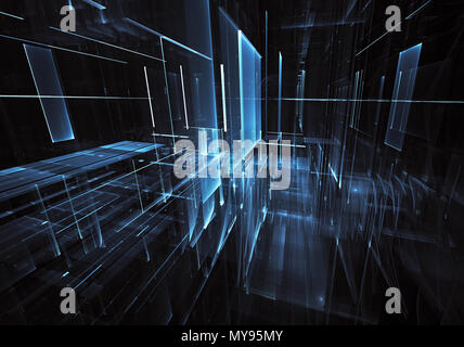 Abstract future technology background - computer-generated 3D image. Fractal art: glass room or street of surreal city with light effects. Hi-tech or  Stock Photo