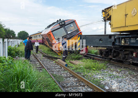 BANGKOK THAILAND - JULY 31, 2014: train acciden fail of track near Bang Sue station Stock Photo