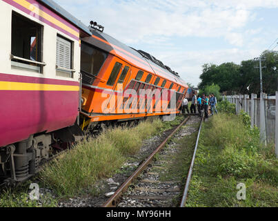 BANGKOK THAILAND - JULY 31, 2014: train acciden fail of track near Bang Sue station Stock Photo